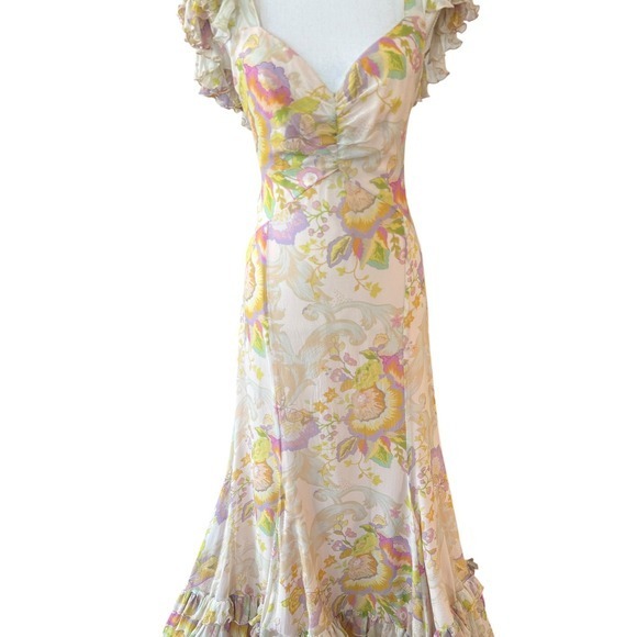 Hartnell Maxi Dress Floral Ruffle Flutter Sleeve V Neck Gown S M Silk - Picture 4 of 14
